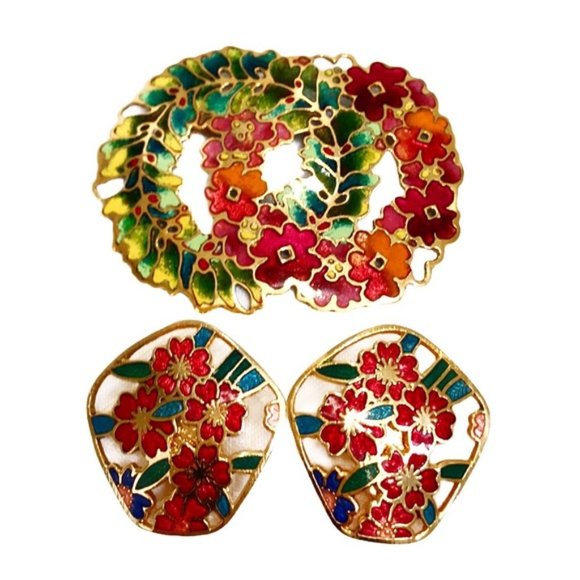 Vintage Multicolor Flower Brooch & Clip-On Earring - Picture 2 of 7